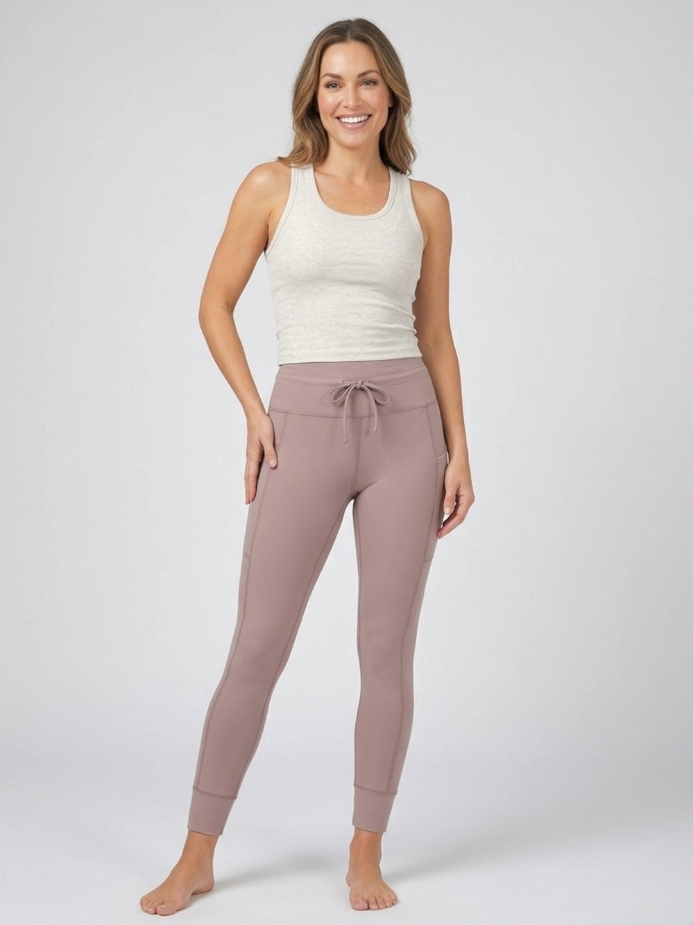Vuori Daily Pocket High Rise Cuffed Drawstring Workout Leggings Mauve Size M